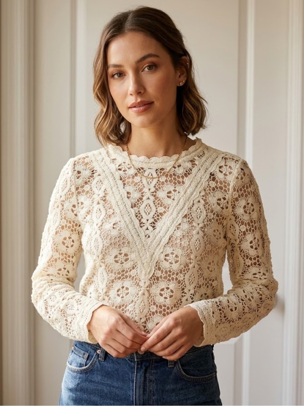 Maje Lace Crochet Long-Sleeve Top in Cream